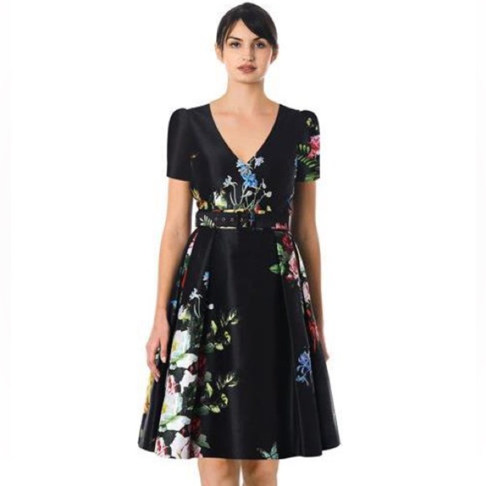 Eshakti Rose print dupioni belted dress 🖤